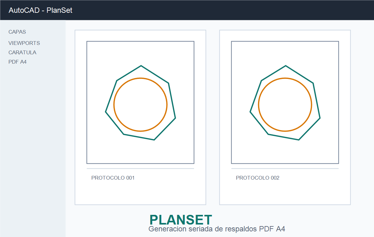 Vista previa de PlanSet generando protocolos PDF en AutoCAD